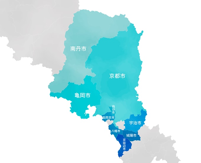 洛東住建の対応エリアに色を付けた京都府の地図